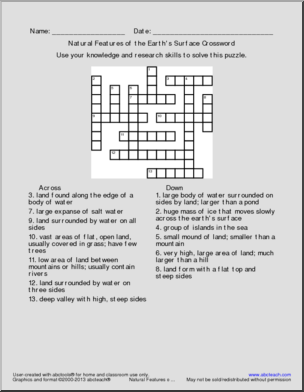 Crossword: Natural Features of the Earth (grades 6-8)