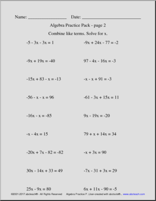 Algebra Practice Pack (combine like terms)