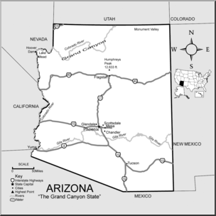 Clip Art: US State Maps: Arizona Grayscale Detailed – Abcteach