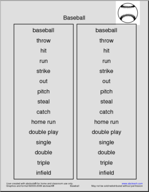 Baseball Terminology Spelling List