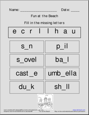 Missing Letter: Fun at the Beach (very easy) (k-1)