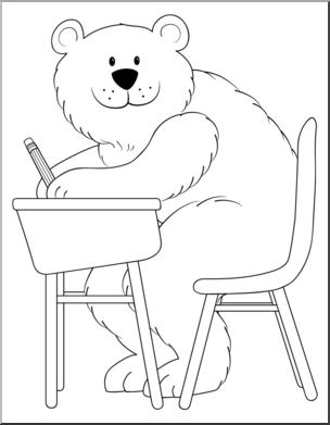 Clip Art: Cartoon Bear Sitting at Desk B&W