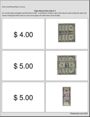 Special Needs: Math; Paper Money Flashcards ($1 – $10)