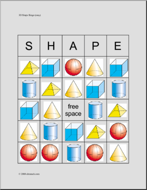 Three-Dimensional Shapes Bingo Cards (check sheet – color)
