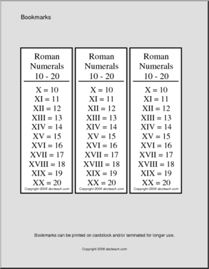 Roman Numerals 10-20 Bookmark