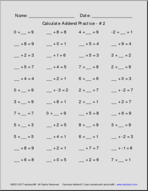 Calculate Addend Practice Pack (includes negative integers)