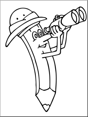 Clip Art: Cartoon Pencil w/ Binoculars B&W