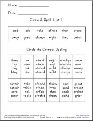 List 1 (boxes)’ Circle & Spell