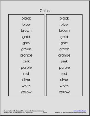 Colors: Spelling List – Abcteach