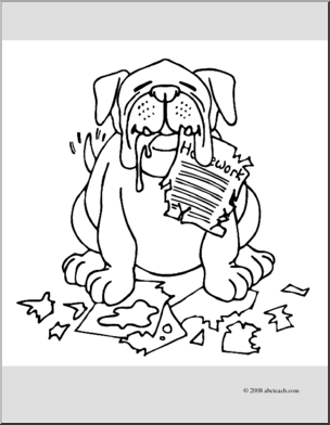 Clip Art: Cartoon Dog Eating Homework (coloring page)