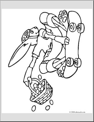 Clip Art: Easter Bunny on Skateboard (coloring page)