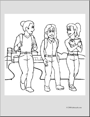 Clip Art: Kids: Walking Home (coloring page)