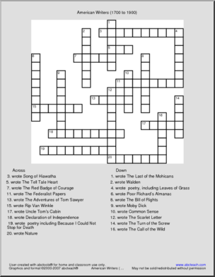 Crossword: American Writers (1700-1900)