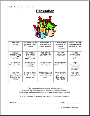 Monthly Activity Calendars: December 1 (prek-elementary/special needs)