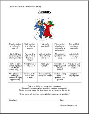 Monthly Activity Calendars: January 1 (prek-elementary/special needs)
