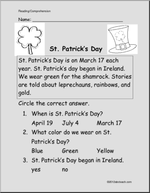 Easy Reading Comprehension: St. Patrick’s Day (primary) – Abcteach