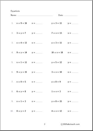 Algebra Equations (set 1) Worksheet