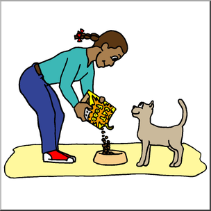 Clip Art: Kids: Chores: Feeding the Cat Color