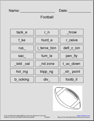 Football Terminology Missing Letters