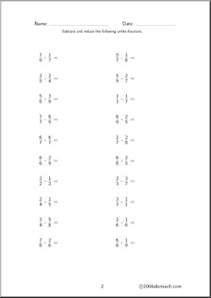 Fraction Subtraction – unlike (set 1) Worksheet