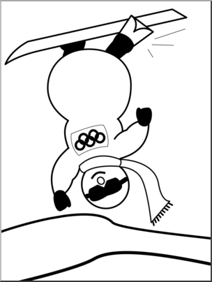 Clip Art: Cartoon Olympics: Snowman Freestule Skiing B&W