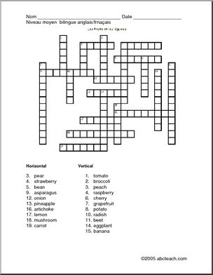 French Mots Croisaˆs De Fruits Et Laˆgumes Bilingue Anglais Frana Ais Abcteach