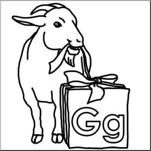 Clip Art: Alphabet Animals: G – Goat Gets a Gift (B&W)
