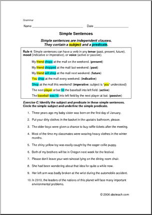 Grammar- Simple Sentences (elem/upper elem) Worksheets – Abcteach