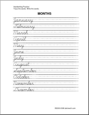 Handwriting Practice: Months – cursive with dots (DN-Style Font)
