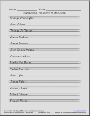 Handwriting: Manuscript – List of U.S. Presidents (ZB-Style Font)
