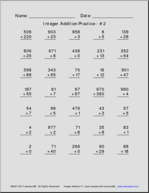Integer Addition Practice Pack (all positive integers)
