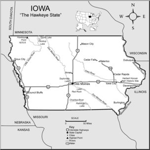 Clip Art: US State Maps: Iowa Grayscale Detailed