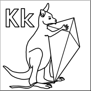 Clip Art: Alphabet Animals: K – Kangaroo Kisses a Kite (B&W)