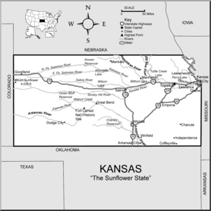 Clip Art: US State Maps: Kansas Grayscale Detailed
