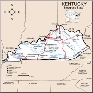 Clip Art: US State Maps: Kentucky Color Detailed