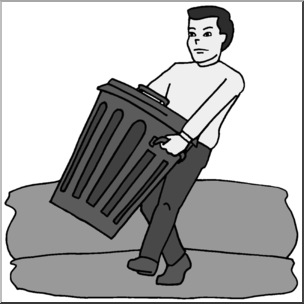 Clip Art: Kids: Chores: Taking Out the Trash Grayscale