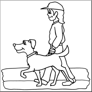 Clip Art: Kids: Chores: Walking the Dog B&W