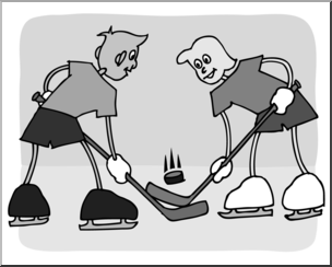 Clip Art: Cartoon School Scene: Sports: Ice Hockey 02 Grayscale