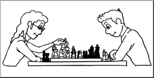Clip Art: Kids: Playing Chess B&W