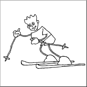 Clip Art: Cartoon School Scene: Sports: Winter Sports 02 B&W