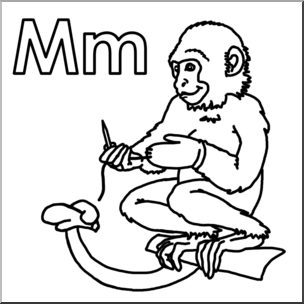 Clip Art: Alphabet Animals: M – Monkey Mends Mittens (B&W)