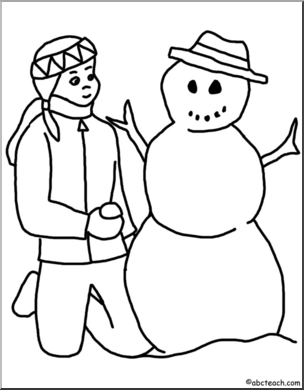 Clip Art: Kids: Making a Snowman B&W