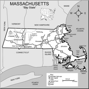 Clip Art: US State Maps: Massachusetts Grayscale Detailed