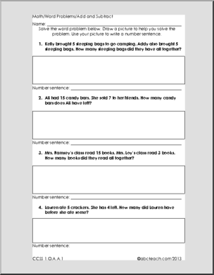 Common Core: Math: Word Problems – Add and Subtract to 20 (grade 1)
