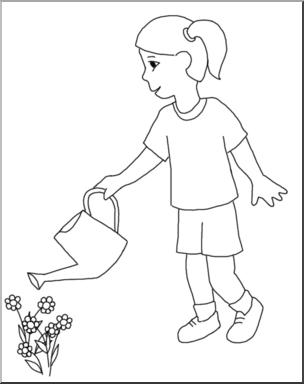 Clip Art: Kids: Girl Watering Flowers B&W – Abcteach