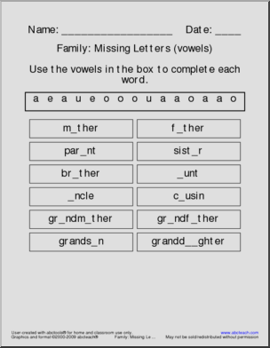 Family (vowels) Missing Letters