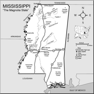 Clip Art: US State Maps: Mississippi Grayscale Detailed