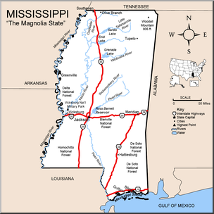Clip Art: US State Maps: Mississippi Color Detailed