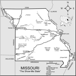 Clip Art: US State Maps: Missouri Grayscale Detailed