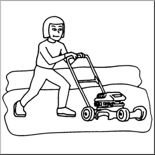 Clip Art: Kids: Chores: Mowing the Lawn B&W